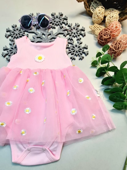 Kız Bebek Tüllü Papatyalı Alttan Çıtçıtlı Yazlık Body Elbise - 4