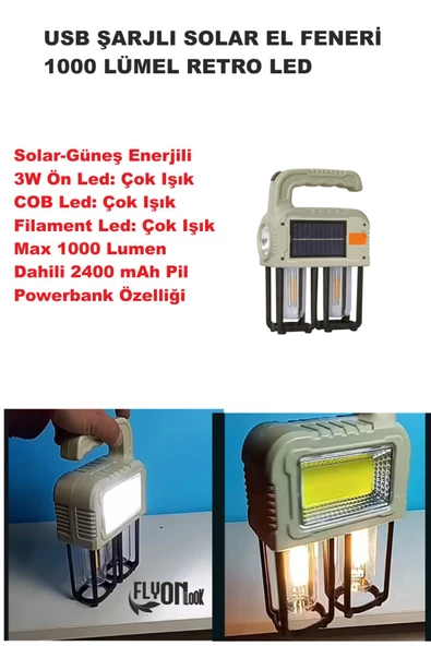 Solar Güneş Enerjili  Şajlı El Feneri,Fonksiyonlu Filament,COB ve 3W Ön Led Powerbank Özelikli Lamba - 3