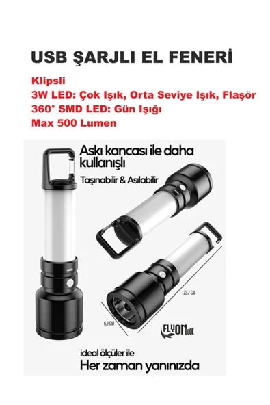 Şarjlı El Feneri Hem Aydınlatma Hem Fener 3W LED Çok Işık, Orta Seviye Işık, Flaşör  360° SMD Lamba