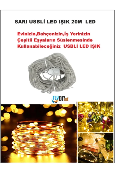 USB GİRİŞLİ SARI IŞIKLI  LED IŞIK 20 METRE EV, BAHÇE, OFİS , ÇEŞİTLİ EŞYA SÜSLEME ŞERİT LED - 2