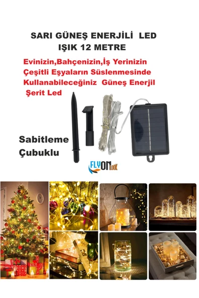 GÜNEŞ ENERJİLİ SOLAR SARI IŞIKLI  LED IŞIK 12M EV, BAHÇE, OFİS , ÇEŞİTLİ EŞYA SÜSLEME ŞERİT LED