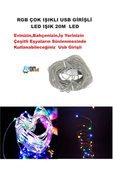 USB GİRİŞLİ RGB ÇOK IŞIKLI  LED IŞIK 20 METRE EV, BAHÇE, OFİS , ÇEŞİTLİ EŞYA SÜSLEME ŞERİT LED - 2