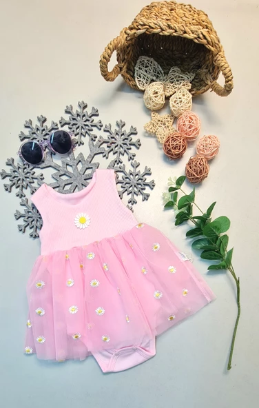 Kız Bebek Tüllü Papatyalı Alttan Çıtçıtlı Yazlık Body Elbise - 3
