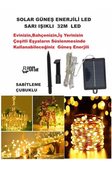 SOLAR GÜNEŞ ENERJİLİ SARI  IŞIKLI  LED IŞIK 32 METRE EV, BAHÇE, OFİS , ÇEŞİTLİ EŞYA SÜSLEME ŞERİT