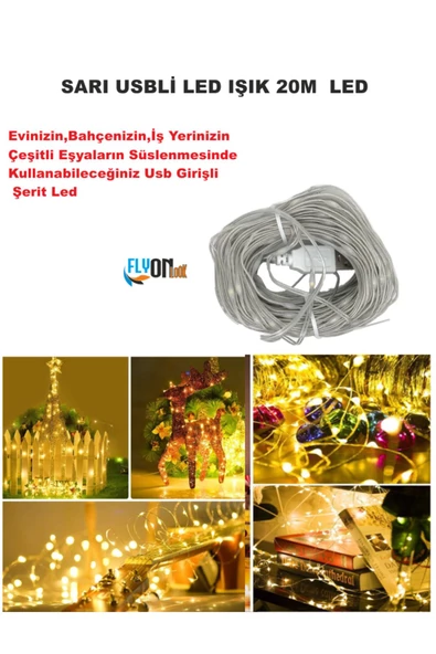 USB GİRİŞLİ SARI IŞIKLI  LED IŞIK 20 METRE EV, BAHÇE, OFİS , ÇEŞİTLİ EŞYA SÜSLEME ŞERİT LED - 4