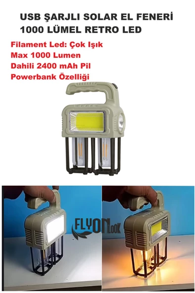 Solar Güneş Enerjili  Şajlı El Feneri,Fonksiyonlu Filament,COB ve 3W Ön Led Powerbank Özelikli Lamba - 2