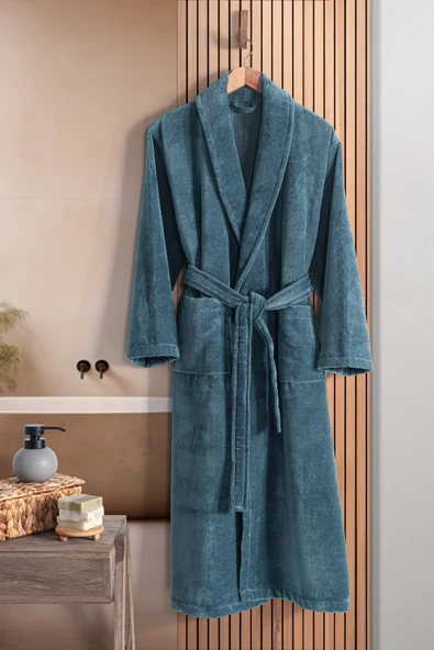 Pamuklu Kadife Şal Yaka Unisex Bornoz Petrol Yeşili ( L ) Bedeni ürün görseli 1