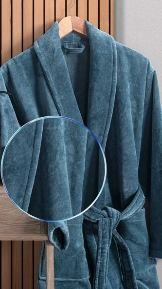 Pamuklu Kadife Şal Yaka Unisex Bornoz Petrol Yeşili ( L ) Bedeni - Resim 4