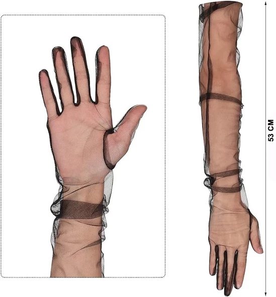 NessiWorld Uzun Boy Likralı Siyah Renk Yetişkin Mega Tül Eldiven 53 cm - 8