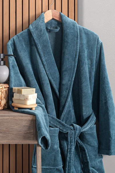 Pamuklu Kadife Şal Yaka Unisex Bornoz Petrol Yeşili ( L ) Bedeni - Resim 3