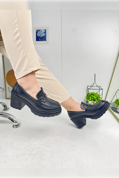 Günlük Kadın Loafer Tokalı Klasik Kalın Topuklu Tırtıklı Tabanlı Oval Burunlu Makosen Ayakkabı 76706 - 7