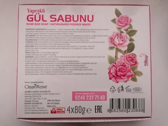 Clean Rose Gül Özlü,yapraklı El yapımı sabun 4x80gr - 4