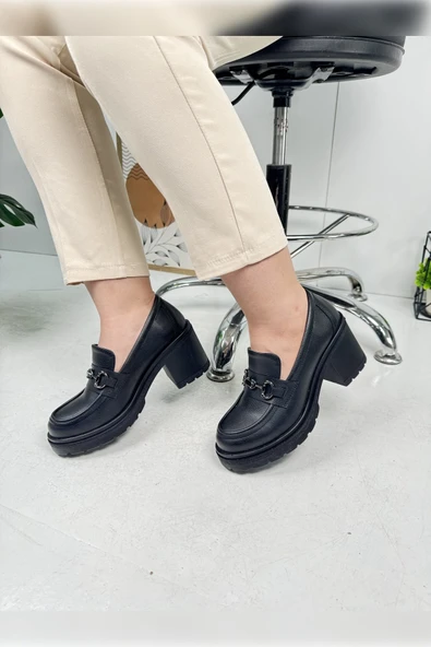 Günlük Kadın Loafer Tokalı Klasik Kalın Topuklu Tırtıklı Tabanlı Oval Burunlu Makosen Ayakkabı 76706 - 6