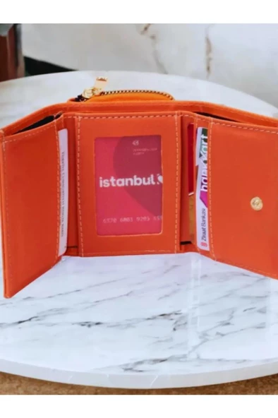Kadın Fermuarlı Ve Çıtçıtlı Bozuk Para Bölmeli Şık Turuncu Cüzdan Kartlık Aksesuar - 3