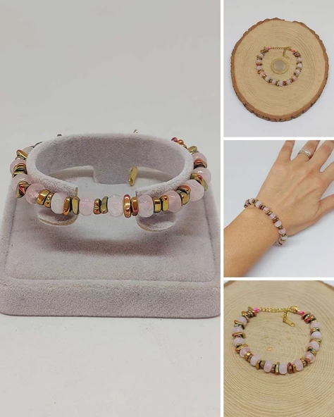 Pembe Kuvars Taşı Tasarım Bileklik (55890) ürün görseli