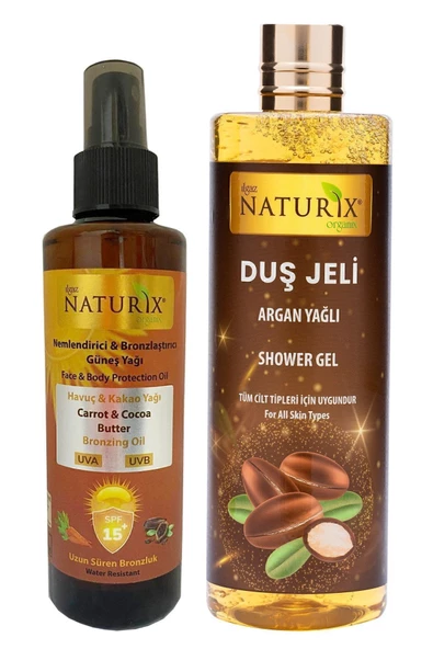 Kakao ve Havuç Yağı Spf 15 Yoğun Bronzlaştırıcı Yağ 200 Ml & Argan Yağlı Duş Jeli 400 Ml