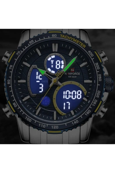 Naviforce Gri Çelik Kordon Dijital/Analog Erkek Kol Saati NF-9182M-BLUYLW - Resim 4