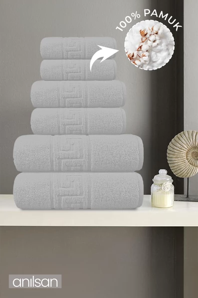 6lı Gri Greek Havlu Set 2 Adet El Havlusu 50x90, 2 Adet Banyo Havlusu 70x140 2 Adet Ayak Havlu 50x70 - 2