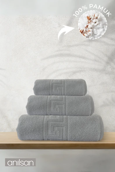 3'lü Gri Havlu Seti - 1 Ad El Havlusu 50x90, 1 Ad Banyo Havlusu 70x140, 1 Ad Ayak Havlusu 50x70