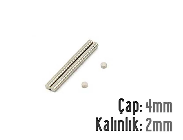 Neodyum Mıknatıs Silindir Çap 4mm , Kalınlık 2mm   ( 30 Adet)