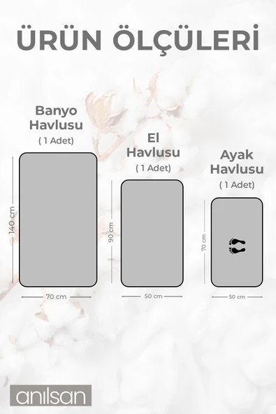 3'lü Gri Havlu Seti - 1 Ad El Havlusu 50x90, 1 Ad Banyo Havlusu 70x140, 1 Ad Ayak Havlusu 50x70 - 3