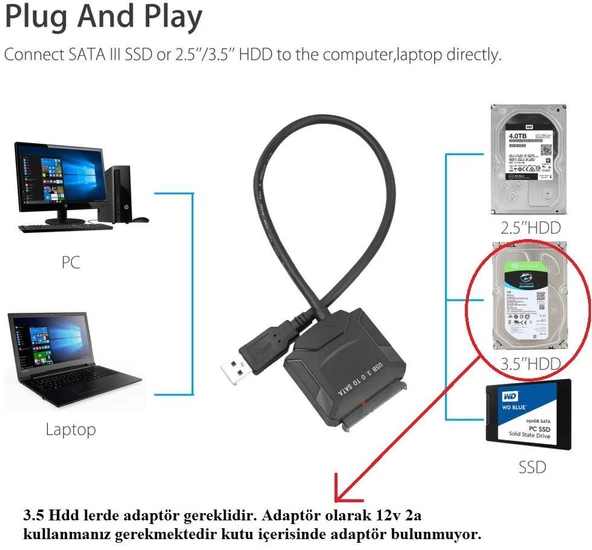4356 Usb 3.0 To 2.5 3.5 İnç Sata Ssd Hdd Hard Disk çevirici Dönüştürücü Adaptör Kablosu - Resim 5