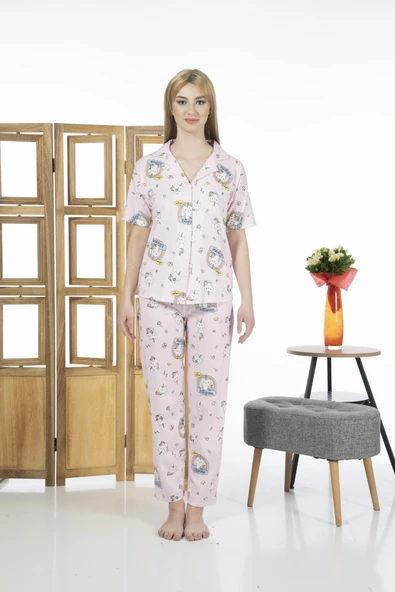 Estiva 24125 Kadın Kittycorn Kısa Kol Önden Düğmeli Yazlık Penye Pijama Takımı