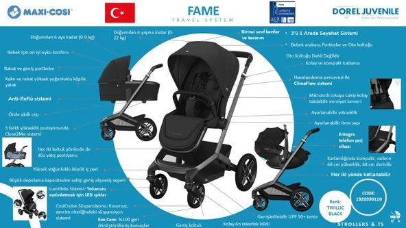 Maxi-Cosi Fame Portbebeli Led Işıklı Entegre Telefon Şarj Üniteli Premium Bebek Arabası Twillic Black - 3