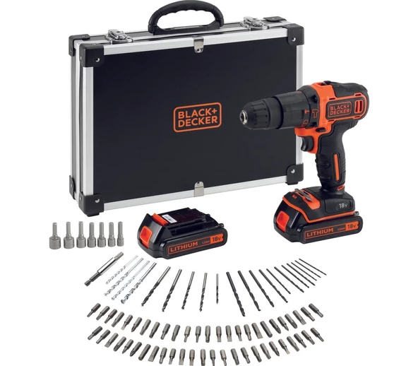 Black & Decker BDCHD18BAFC-QW 18V 1.5Ah Li-Ion Darbeli Vidalama/Matkap,Çift Akü 80 Parça Aks. Seti