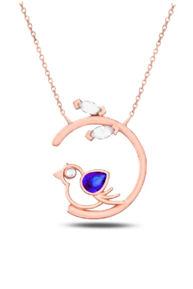 925 Ayar Mavi Taşlı Minik Kuş Kadın Gümüş Kolye ürün görseli