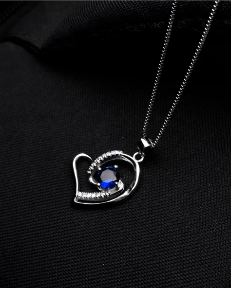 Diamond Serisi Safir Tektaş Kalp Stylish/Night Gümüş Kadın Kolye - Resim 4