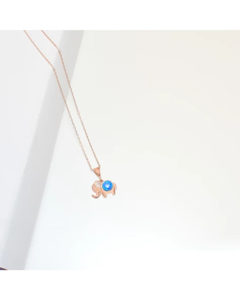 Opal Mavi Taşlı Fil Figürlü Gümüş Kadın Kolye - Resim 2