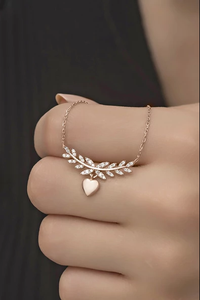 925 Ayar Gümüş Kalpli Zirkon Taşlı Zeytin Dalı Kadın Kolye - Resim 2