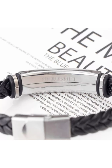 Örgü Model Deri Erkek Çelik Bileklik 316 L Paslanmaz Çelik - Resim 4