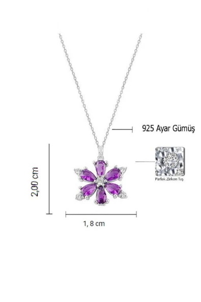 925 Ayar Lotus Çiçeği Ametist Taşlı Kadın Gümüş Kolye - 2
