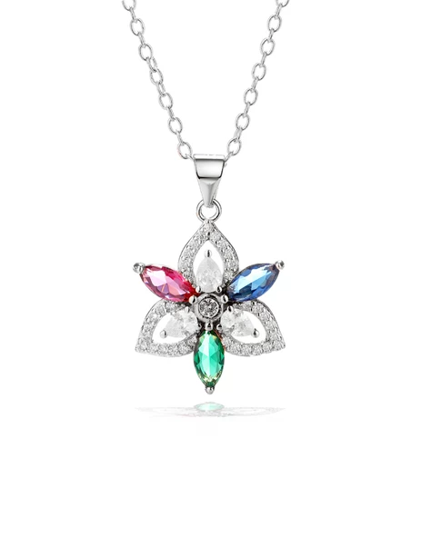 Bahar Çiçeği Üçgen Model Renkli Taşlı Kadın Gümüş Kolye ürün görseli