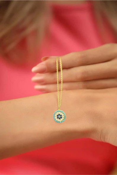 925 Ayar Gümüş Firuze Taşlı Nazar Gözlü Altın Kaplama Kadın Kolye ürün görseli