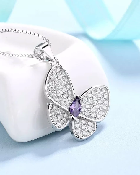 Ametist Taş Işıltılı Kelebek Diamond Butterfly Kadın Gümüş Kolye - Resim 2