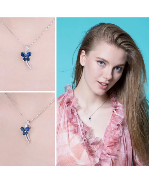 Safir Taşlı Işıltılı Diamond Fiyonk Kelebek Kadın Gümüş Kolye - Resim 4