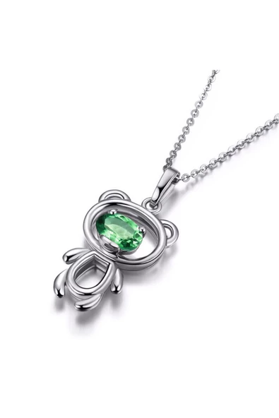 Ayıcık Gümüş Minik Kolye Yeşil Taşlı Kadın Kolye - Resim 2