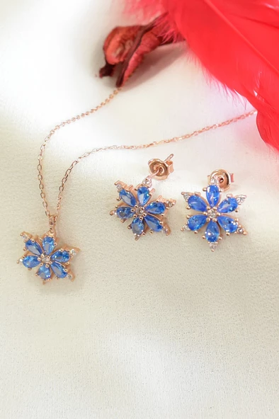 925 Ayar Lotus Çiçeği Aquamarin Taşlı Rose Gümüş Kolye Küpe Set - 2