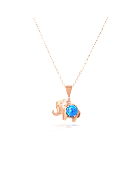 Opal Mavi Taşlı Fil Figürlü Gümüş Kadın Kolye ürün görseli