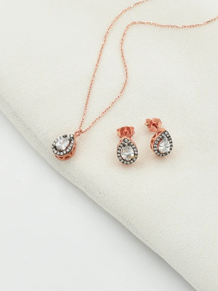 Gümüş Elmas Montür Set Baget Kadın Gümüş Kolye Küpe Set - 2