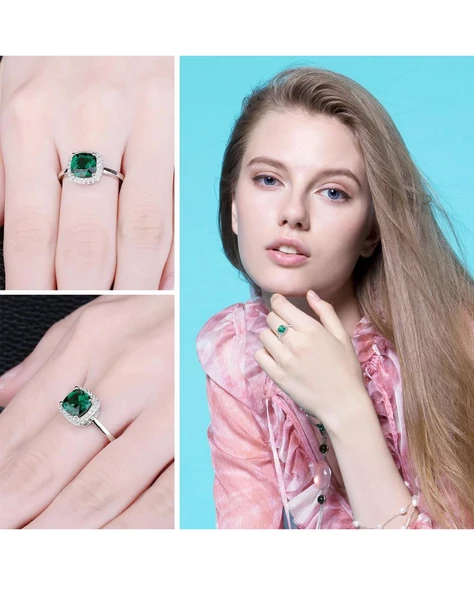 Zümrüt Taşlı Diamond Tektaş Kare Kadın Gümüş Yüzük - 2