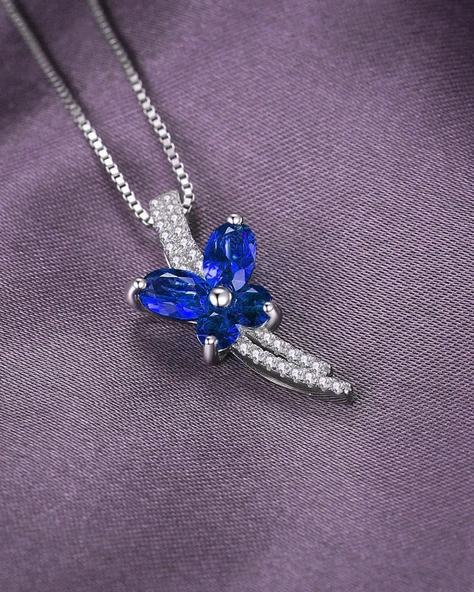 Safir Taşlı Işıltılı Diamond Fiyonk Kelebek Kadın Gümüş Kolye - Resim 2