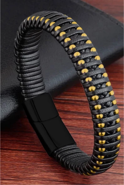 Hakiki Deri Sarı Dorica Toplu Özel Çelik Erkek Bileklik - Resim 2