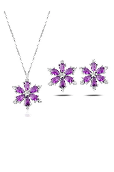 925 Ayar Lotus Çiçeği Ametist Taşlı Kadın Gümüş Kolye Küpe Set