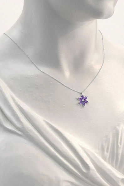 925 Ayar Lotus Çiçeği Ametist Taşlı Kadın Gümüş Kolye - 3