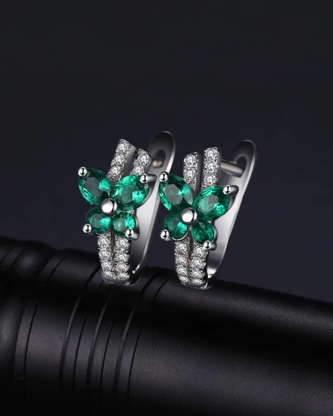 Zümrüt Taşlı Işıltılı Diamond Fiyonk Kelebek Kadın Gümüş Küpe - Resim 2