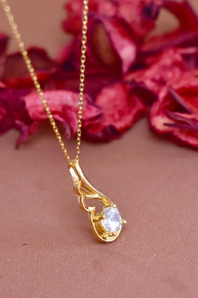 Zarif Tasarım Melek Kanatlı Taşlı Gümüş Kolye Altın Kaplama - Resim 3